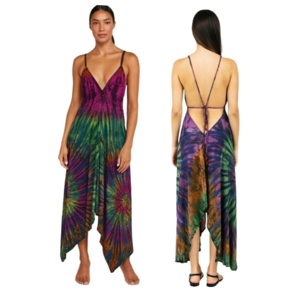 My Choice Tie Dye Handkerchief Hem Maxi Dress Open Back Boho Festival OS Purple